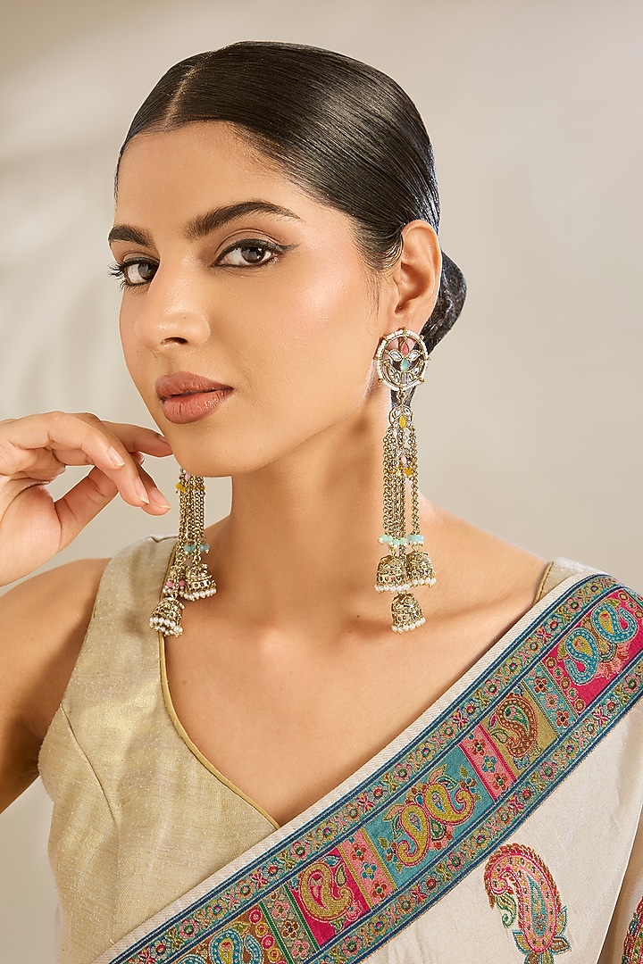 Gold Finish Multi-Colored Kundan Polki Dangler Earrings by Amreli Jaipur at Pernia's Pop Up Shop